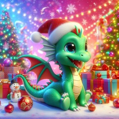 A wonderful little green dragon, the symbol of 2024, with big kind eyes, with an open mouth with small white sharp teeth, in a big Santa hat, sits against the background of a Christmas tree and gifts