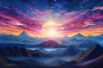 Poster Fantasy landscape with mountains and sun,  Nature background © Quan