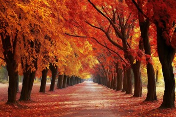 Autumn alley with fallen leaves in the park,