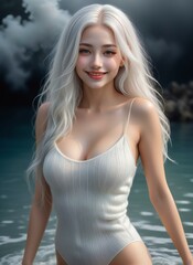 A beautiful asian woman in white swimsuit