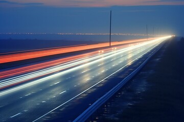 Car light trails on the highway at night,  Long exposure photo - obrazy, fototapety, plakaty