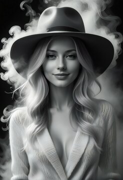 Portrait of a beautiful young woman in a white sweater and hat