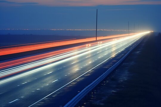 Car light trails on the highway at night,  Long exposure photo