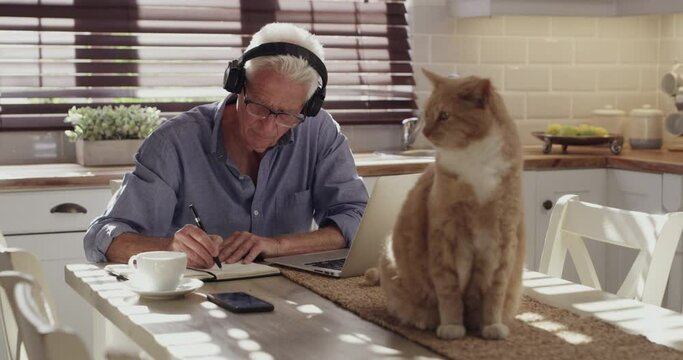 Senior man, thinking on laptop and home planning, writing ideas or asset management with headphones for audio. Person in kitchen with his pet cat, music subscription and notebook for financial goals