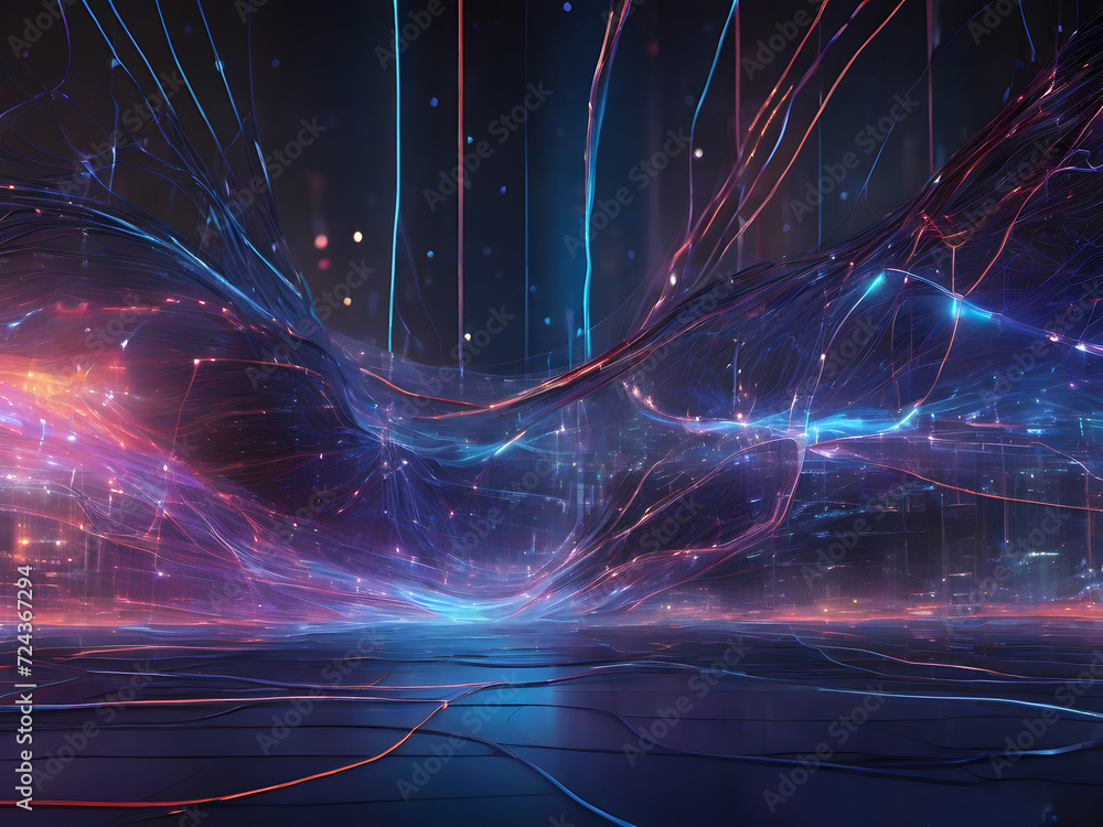 Poster as bits and bytes traverse through the cables, a mesmerizing dance of light unfolds, creating an int