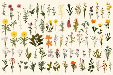 Set of meadow herbs and flowers,  Hand drawn