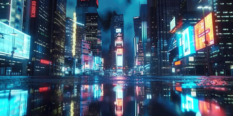  3d modern buildings in capital city with neon light reflection from puddles on street. Concept for night life, never sleep business district center , night cyberpunk city - obrazy, fototapety, plakaty
