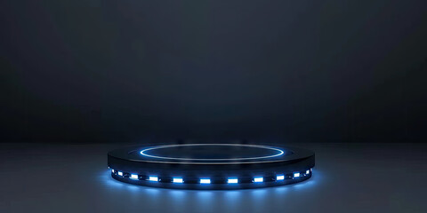 empty round podium metallic glossy surface product stand with blue led glow neon decoration. Circle shape. For furutistic technology concept, high tech product display, gadget showcase - obrazy, fototapety, plakaty