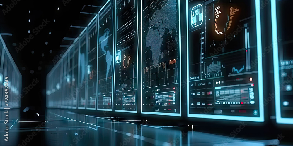 Poster 3d glowing led blue color of business information data on high tech glass panel. concept for financi
