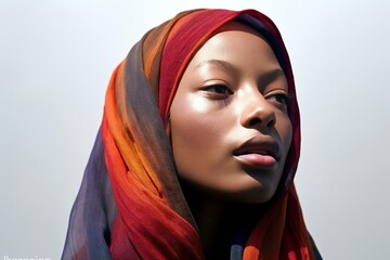 Portrait of beautiful asian muslim woman with red headscarf - obrazy, fototapety, plakaty