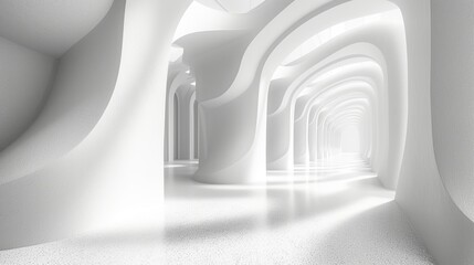 White abstract empty tunnel. Illuminated futuristic corridor. Light reflection stage.