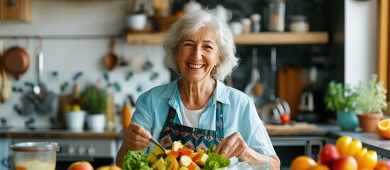 Portrait a senior woman in the kitchen with healthy diet nutrition food