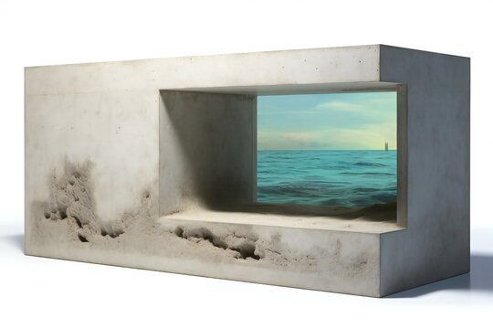 A beach in a concrete box isolated on white background