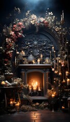 Luxury interior of a medieval castle. Fireplace, fireplace, candles and flowers.