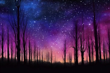 Fantasy landscape with dark trees and starry sky