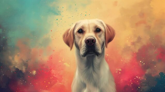 Cream-colored Labrador Retriever with a gentle expression against an abstract colorful background
