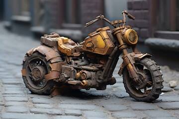 Old rusty motorcycle on a cobblestone street in the city