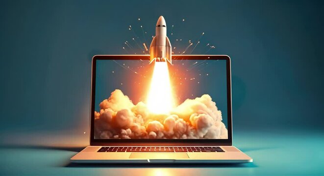Rocket launch out of laptop (mov) made with Ai generative technology
