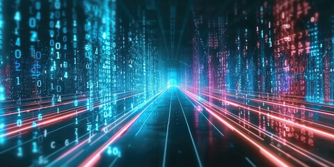 highway path through digital binary towers in city. Concept of big data, machine learning, artificial intelligence, hyper loop, virtual reality, high speed network. 3d render, montion blur speed - obrazy, fototapety, plakaty