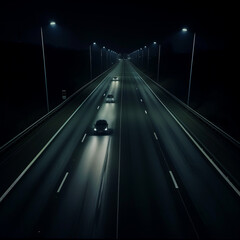 A highway with bright lights and cars traveling in the middle of the night.T-O-AI-enhance-3.4x