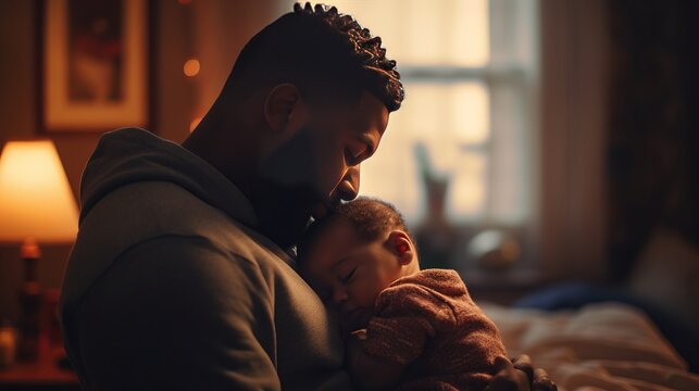 Black African American Man Hugging A Baby In A Nursery. Father-child Relationship. Dad Holds His Son In His Arms. Father's Day