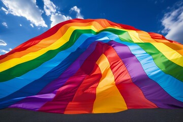 Rainbow flag waving in the wind against blue sky with white clouds