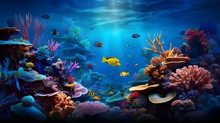 Fototapeta na wymiar Underwater panorama of coral reef with fish and tropical fish.