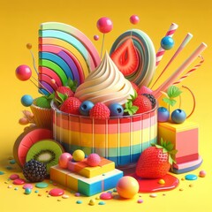 Colorful delicious beautiful cake isolated on a bright yellow background. Tasty dessert food concept in minimalism style. Realistic 3D render. Wide screen wallpaper, for design and banners.