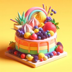 Colorful delicious beautiful cake isolated on a bright yellow background. Tasty dessert food concept in minimalism style. Realistic 3D render. Wide screen wallpaper, for design and banners.