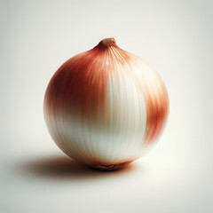 close-up of a whole onion, featuring its layered, papery skin in shades of brown and white, centered on a pure white background