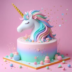 Delicious beautiful cake with unicorn decor isolated on a pastel pink background. Tasty dessert food concept in minimalism style. Realistic 3D render. Wide screen wallpaper, for design and banners.