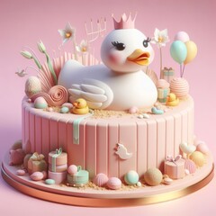 Delicious beautiful cake with duck decor isolated on a pastel pink background. Tasty dessert food concept in minimalism style. Realistic 3D render. Wide screen wallpaper, for design and banners.