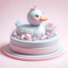 Delicious beautiful cake with duck decor isolated on a pastel pink background. Tasty dessert food concept in minimalism style. Realistic 3D render. Wide screen wallpaper, for design and banners.