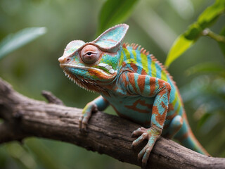 Naklejka na ściany i meble Colorful chameleon sitting on a branch in nature, Macro photography
