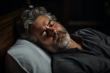 A middle-aged graying Arab man with a beard sleeping on a bed. A tired man. The businessman has a problem with sleep. Insomnia