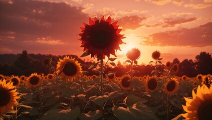 a medium view of a sunflower field with a blood red sky background