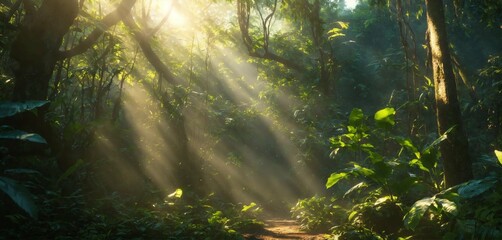 sunrays shining between trees in the rainforest - obrazy, fototapety, plakaty