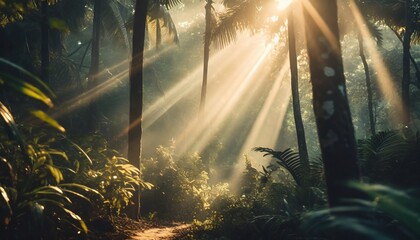 sunrays shining between trees in the rainforest