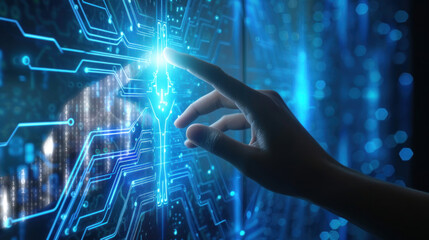 Digital twin concept. A finger touches and connects with digital finger to activate both the physical and digital worlds. Business and technology simulation modeling