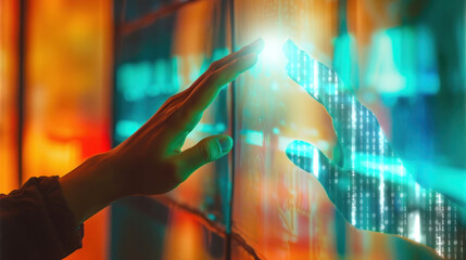 Digital twin concept. A finger touches and connects with digital finger to activate both the physical and digital worlds. Business and technology simulation modeling