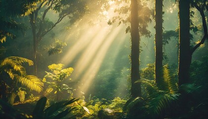 sunrays shining between trees in the rainforest - obrazy, fototapety, plakaty