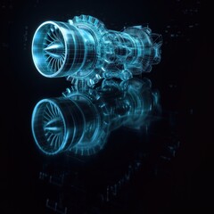 Digital twin concept. A turbojet engine and its mirrored digial body, on black background, ready to be activated both in the physical and digital worlds. Business and technology simulation modeling
