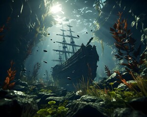 Underwater scene with old ship and seaweed. 3d rendering