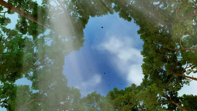 A look at the sky through the crowns of tall trees that form a heart shape, 3D render