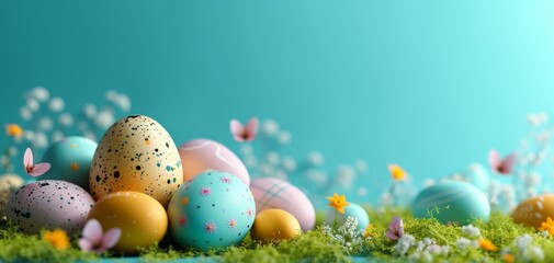 Colorful Decorated Easter Eggs with Pine Branches.