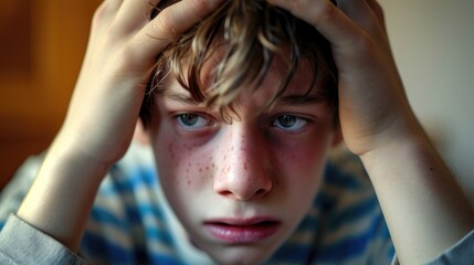 A teenage boy with a pained expression his hands gripping the sides of his head as he tries to manage a panic attack.
