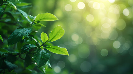 Close-up of nature view green leaf on blurred greenery, nature view green leaf on blurred greenery background under sunlight with bokeh and copy space using as background natural plants, Generative Ai