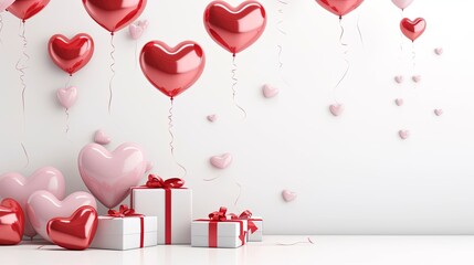 Red pink hearts balloons and gifts on white background. Valentine's day-wedding. presentation. advertisement. invitation. copy text space.