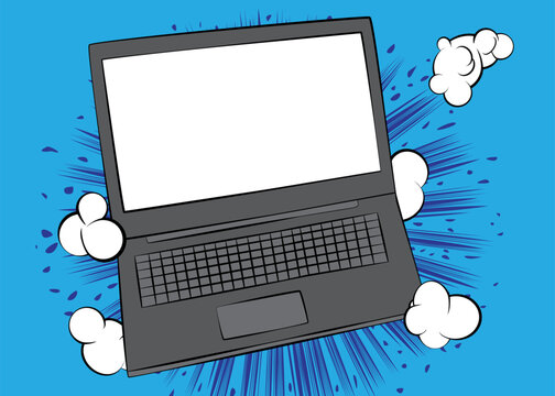 Cartoon blank laptop, comic book notebook. Retro vector comics pop art design.
