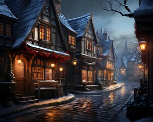 Fototapeta na wymiar Winter street in the old town at night, 3d illustration.